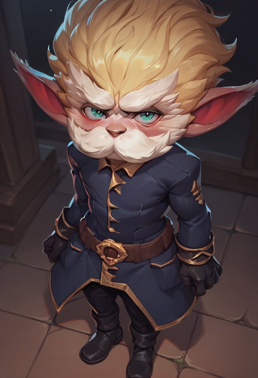 score_9, score_8_up, score_7_up, score_6_up, h3im3rding3r, 1boy, male focus, yordle, blonde hair, pointy ears, mustache, belt, pants, black gloves, gloves, black footwear, <lora:Heimerdinger_Default_v1:0.7>, blush, solo, looking at viewer, from above