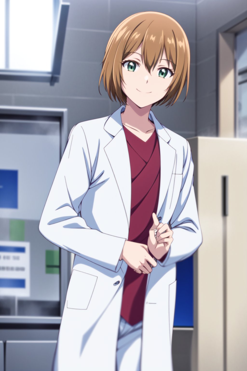 (RAW photo, best quality), 1girl,  natural lighting,  <lora:shouko_dr_elise_v1_2-000004:1>, shouko, labcoat,smile, hospital,