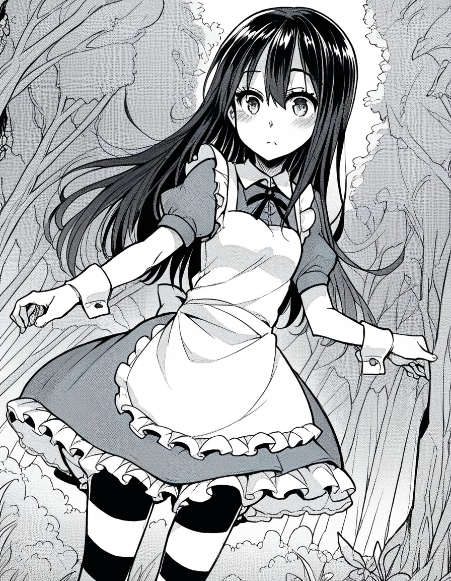 score_9, score_8_up, score_7_up, source_anime, sakiyoshida, <lora:saki-yoshida-manga-ponyxl-lora-nochekaiser:1>, saki yoshida, long hair, hair between eyes, monochrome, greyscale, black hair,, <lora:alice-cosplay-ponyxl-lora-nochekaiser:1>, alicecosplay alice \(alice in wonderland\) \(cosplay\), apron, black pantyhose, bloomers, blue dress, bow, dress, frilled apron, frilled dress, frills, puffy short sleeves, puffy sleeves, striped clothes, striped pantyhose, white apron, white bloomers, white pantyhose, wrist cuffs,, landscape, forest, blush,, cowboy shot, dutch angle, solo,