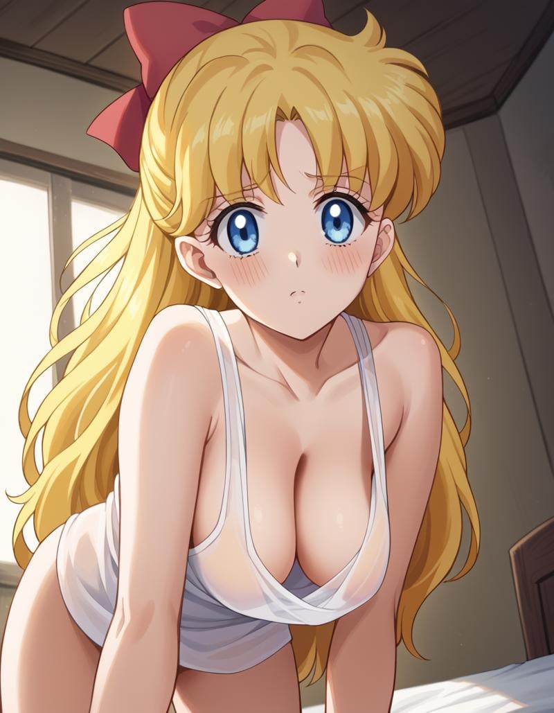 score_9, score_8_up, score_7_up, source_anime, <lora:minako-aino-eternal-movie1-ponyxl-lora-nochekaiser:1>, minako aino, blonde hair, blue eyes, bow, hair bow, half updo, long hair, red bow, tiara,, <lora:hanging-breasts-ponyxl-lora-nochekaiser:1>, hanging breasts, bent over, naked shirt, no bra, see-through, see-through shirt, sideboob, standing, tank top, thighs, white tank top,, blush, looking at viewer, breasts apart, cowboy shot, dutch angle, cleavage, sagging breasts,, indoors, bed, bed room,, cowboy shot, dutch angle