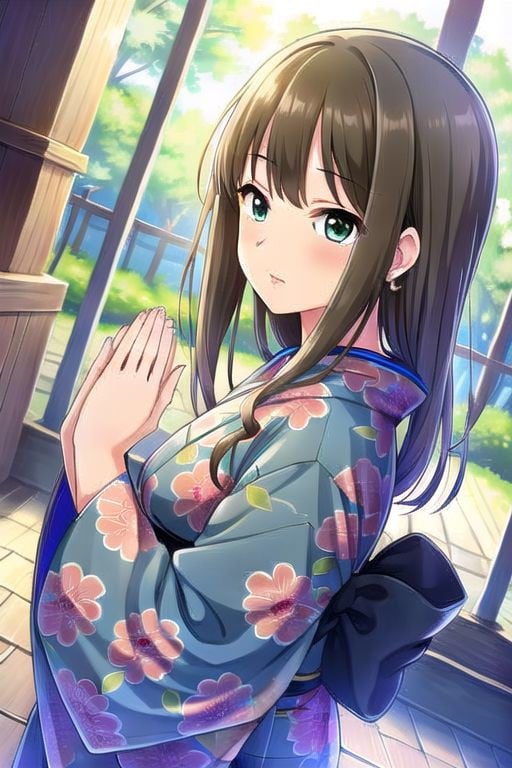 (masterpiece) ,shibuya rin, long hair, brown hair, green eyes, 1girl, japanese clothes, closed eyes, solo, praying, kimono, earrings, jewelry, hair ornament, dutch angle