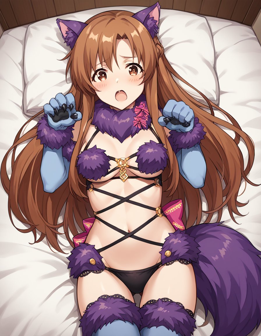 score_9, score_8_up, score_7_up, source_anime, asunayuuki, <lora:asuna-yuuki-s1-ponyxl-lora-nochekaiser:1>, asuna yuuki, long hair, brown hair, brown eyes,, <lora:mash-kyrielight-halloween-costume-ponyxl-lora-nochekaiser:1>, mash kyrielight halloween costume, mash kyrielight \(dangerous beast\) \(cosplay\), fur-trimmed legwear, purple tail, fur bikini, fur-trimmed gloves, purple glves, revealing clothes, fur collar, purple thighhighs, wolf tail, wolf ears, o-ring top,, bed, on bed, on back, open mouth, blush, <lora:paw-pose-ponyxl-lora-nochekaiser:1>, paw pose,, cowboy shot, dutch angle, solo,