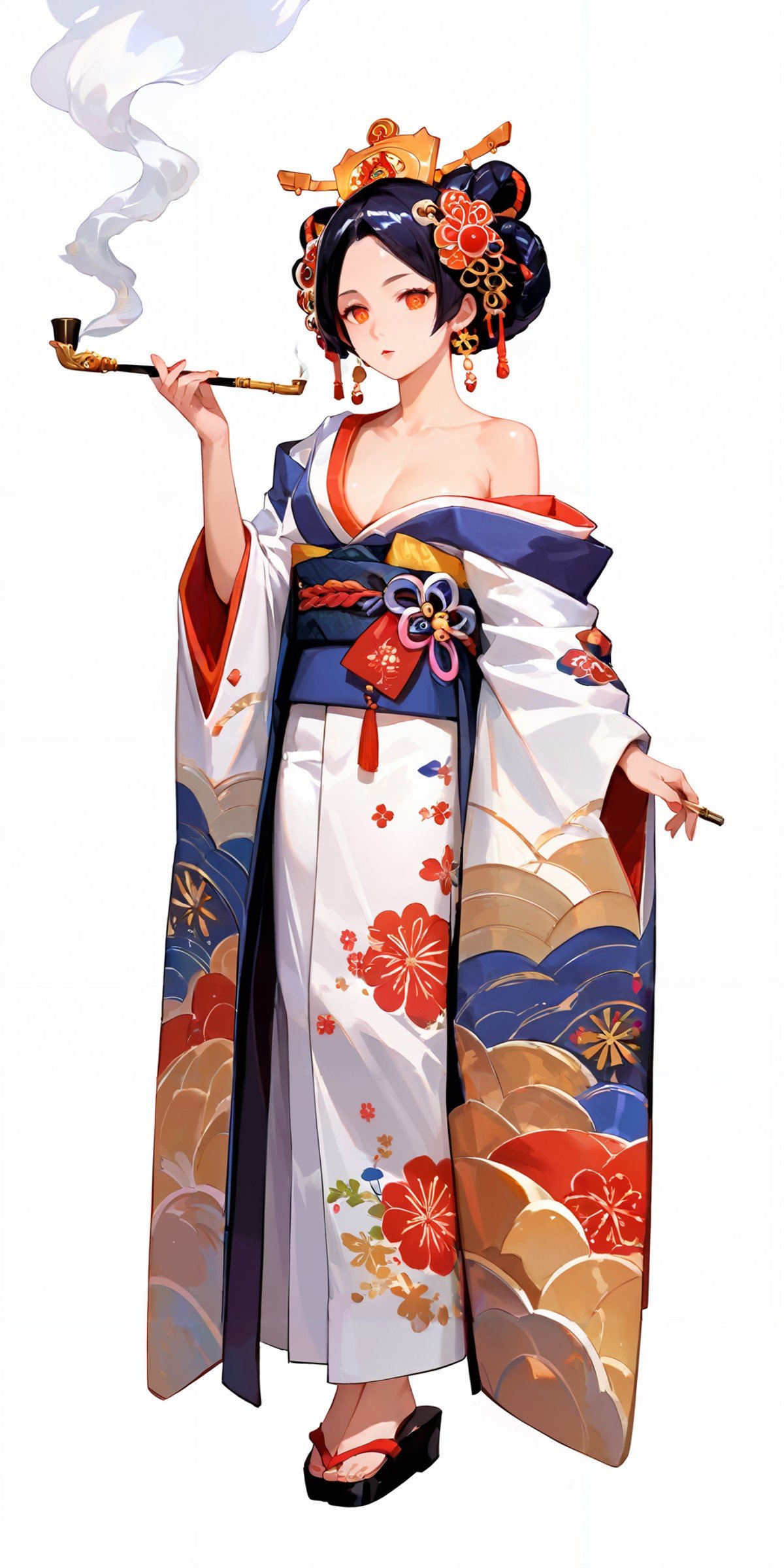 score_9, score_8_up, score_7_up,source_anime, high res image,masterpiece,best quality,girl,cute face,clear skin,shiny hair,ultra detailed eyes,simple background, <lora:oiran_Pony_V1.0:1> oiran, hair ornament, japanese clothes, floral print,off shoulder,smoking pipe,smoking,geta,full body