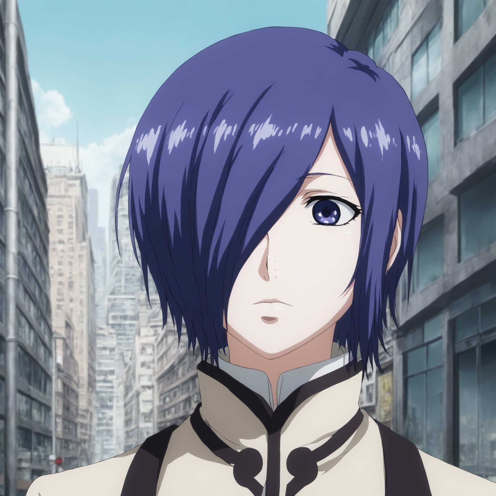 <lora:SlimesTouka-000001:1>, slimes_touka, woman, solo, portrait, hair over one eye, city background