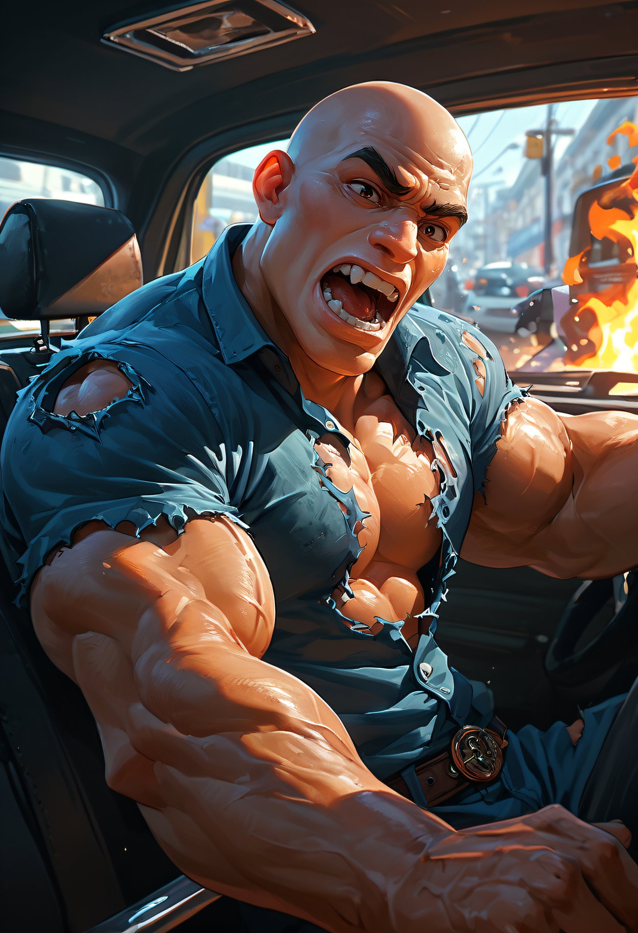 score_9, score_8_up, score_7_up, solo, open mouth, shirt, 1boy, male focus, teeth, torn clothes, muscular, fire, ground vehicle, bald, car interior