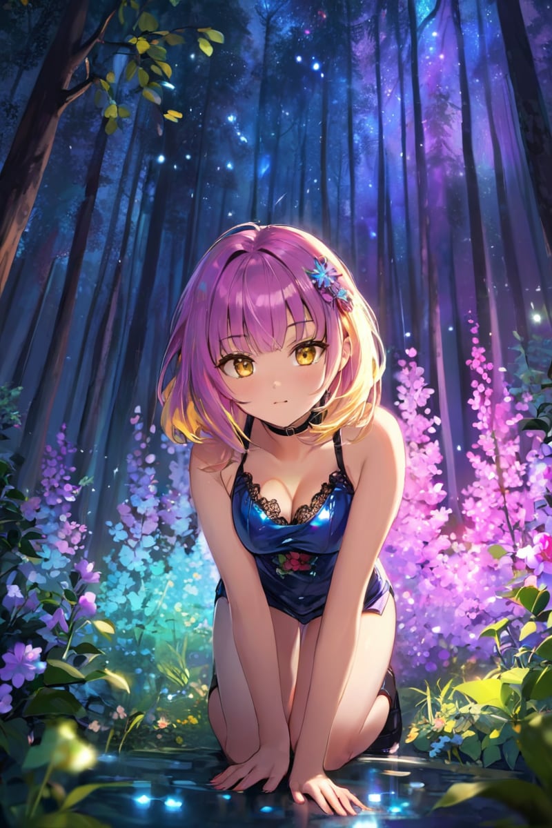 extreemely detailed, light particles floating, kneeling in the forest watching spirits, eerie aura, chromatic aberration, colorful forest lights during night time, oily skin, dynamic angle, colorful glowing flowers, night,hair ornament, intrincate clothing, sexy, high definition photo, ultra detailed skin, ultra detailed face, small skin imperfections, 1girl, Curtain bangs, medium boobs, Boyish body, golden eyes, Lilac hair