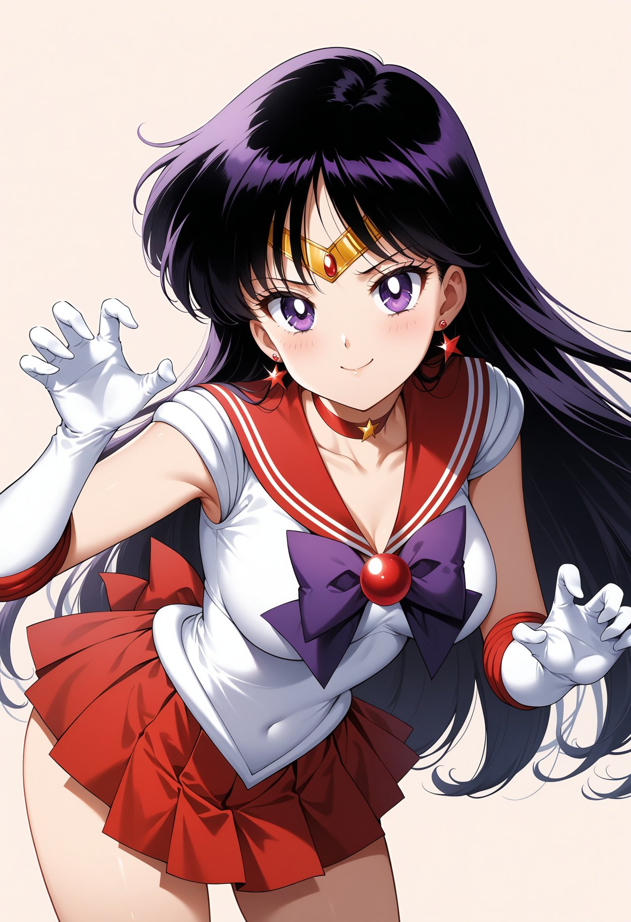 (masterpiece, best quality, very aesthetic, ultra detailed), intricate details, 4k, aamars, long hair, black hair, tiara, earrings, red choker, red sailor collar, purple bowtie, white shirt, elbow gloves, white gloves, pleated skirt, red skirt, bare legs, <lora:sailor_mars_animaginexl_v1:0.9>, smile, claw pose, leaning forward, simple background,