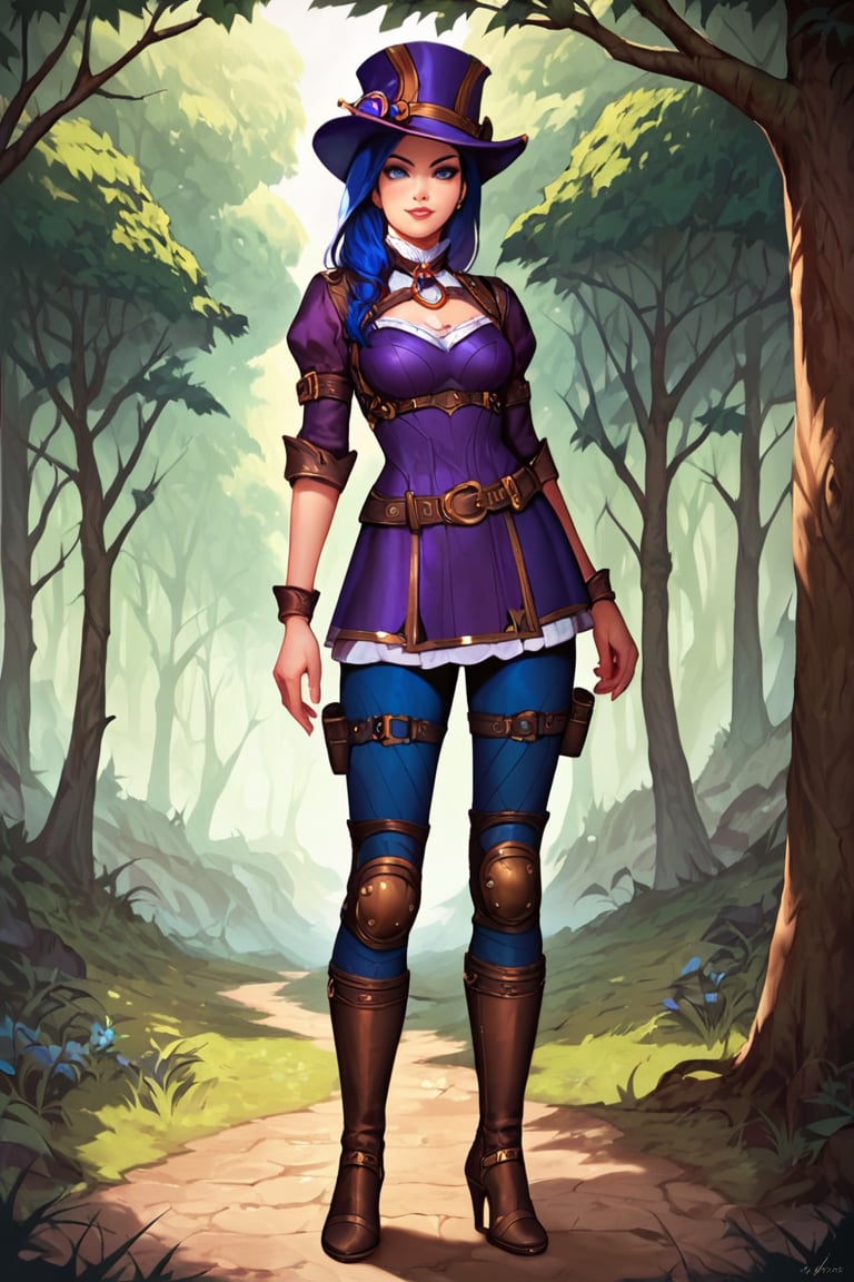 score_9, score_8_up, score_7_up, score_6_up, score_5_up, score_4_up, CaitlynLoLXL, blue eyes, blue hair, long hair, purple hat, hat ornament, medium breasts, purple dress, skirt, (brown medium sleeve:1.3), brown glove, harness, (blue pants:1.2), belt, knee pad, high boots, standing full body, seductive smile, looking at viewer, forest, tree <lora:CaitlynLoLXL:0.8>