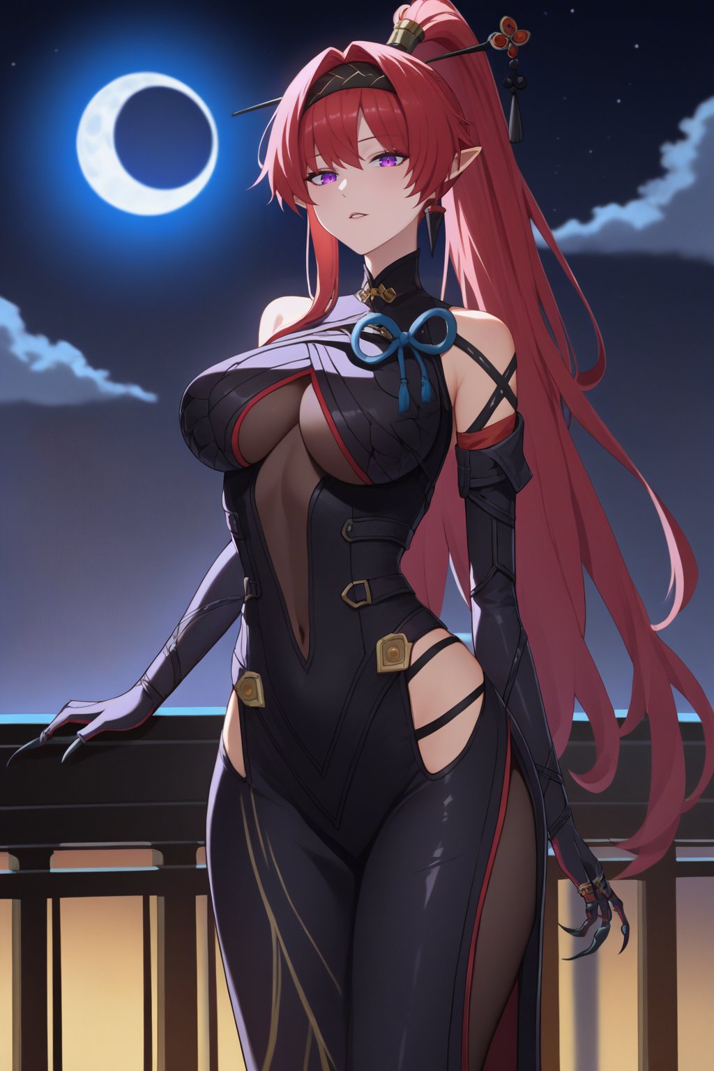 score_9, score_8_up, score_7_up, source_anime BREAK solo, 1girl, yinlinwuwa, red hair, purple eyes, long hair, ponytail, pointy ears,hairband, hair ornament, dress, black dress, gloves, black gloves, elbow gloves, claw ring,large breasts, wide hips,looking at viewer, parted lips, dark, darkness, purple sky, night, moon, fantasy, isekai<lora:EMS-380942-EMS:1.000000>