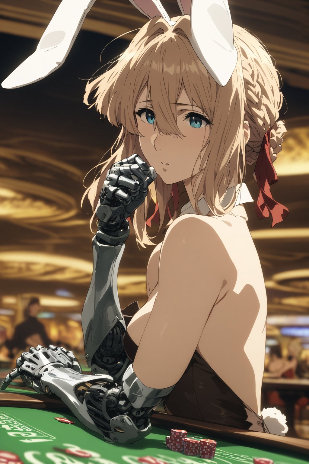 masterpiece, best quality, very aesthetic, absurdres, aave, braid, hair ribbon, red ribbon, <lora:violet_evergarden_XL_v1(anima):0.9>, playboy bunny, rabbit ears, bare shoulders, mechanical arms, mechanical hands, casino, upper body, table,