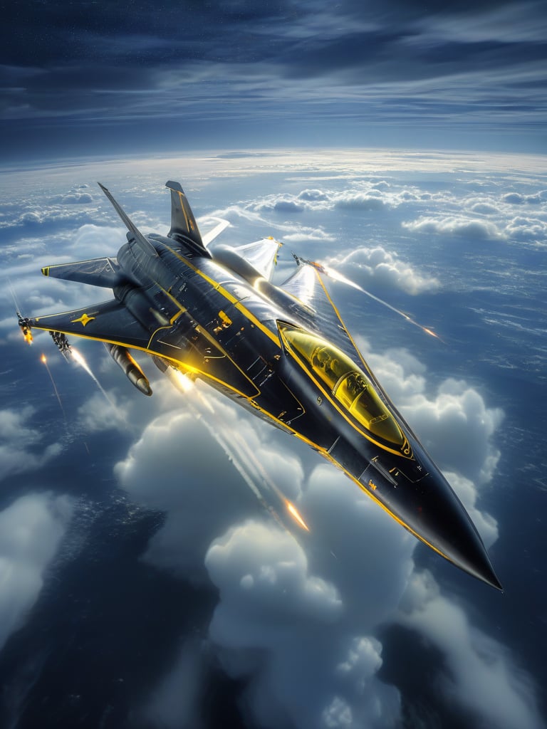 ananzdj, vehicle focus, yellow lines, black reflective, cloud, jet, star \(sky\), black fighter jet, fighter jet, sky, night, ocean, no humans, missile, starry sky, night sky