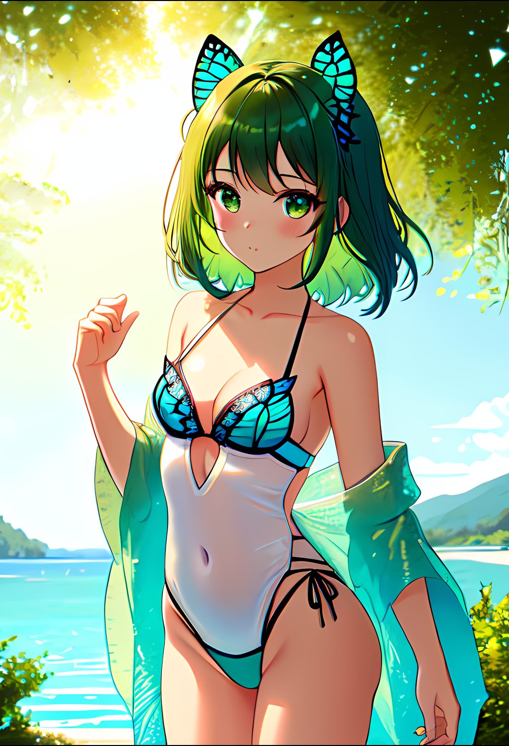 solo, girl, looking at viewer, half body, view from knees up, standing, standing straight, girl in full view, best quality, masterpiece, close up, small breasts, green hair, butterfly, swimwear, swim suit, one piece, hands behind back, hands hidden, <lora:Butterfly_clothing:2>  