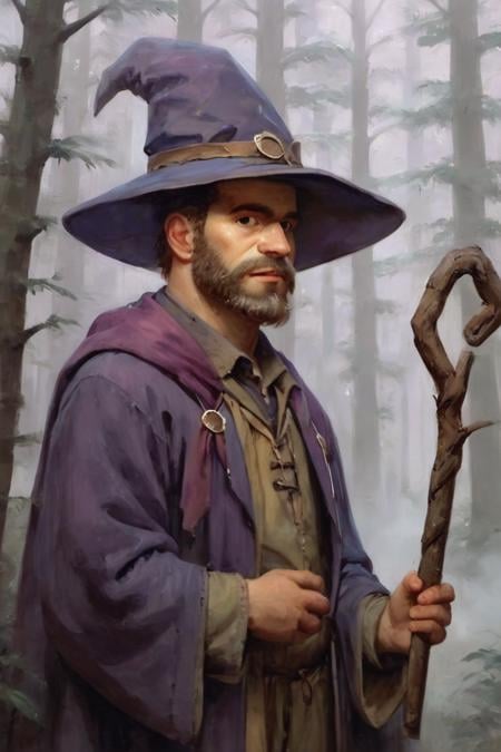 score_9, score_8_up, score_7_up, rating_safe, traditional media, realistic, 1boy, solo, male focus, mature male, wizard, long hair, brown hair, black eyes, looking at viewer, hat, facial hair, beard, mustache, staff, wizard hat, purple hat, shirt, collared shirt, robe, purple robe, cloak, holding, holding staff, upper body, standing, outdoors, forest, nature, tree, fog, dark background <lora:Oil Painting Style XL:1>