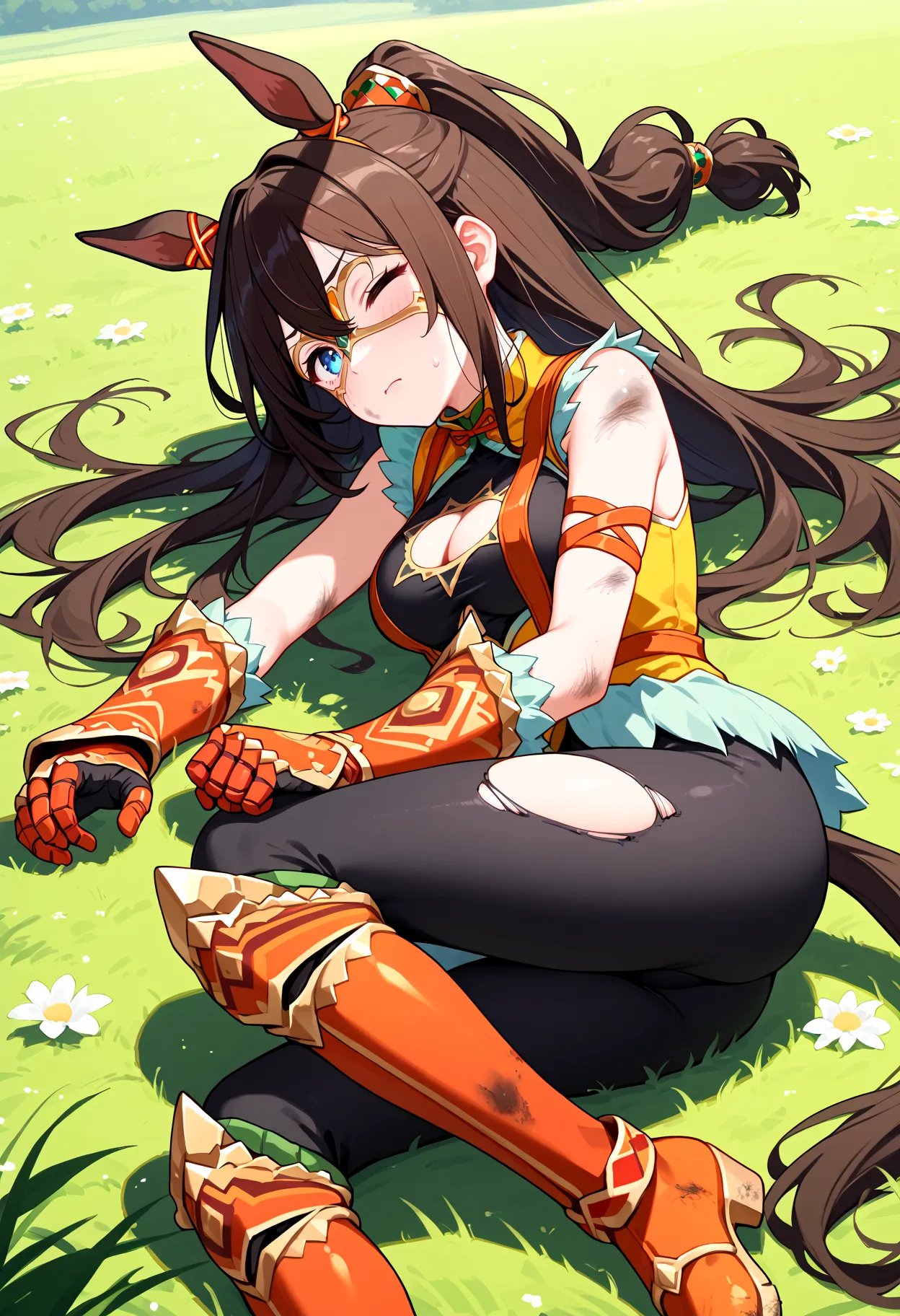 score_9, score_8_up, score_7_up, BREAK, best quality, masterpiece, very aesthetic, ultra detailed,very detailed background,BREAK,,zPDXL3,ECP_Monk, 1girl, solo, long hair, bangs, blue eyes,brown hair, gloves, cleavage, ponytail, boots, sleeveless, armor, official alternate costume, clothing cutout, yellow mask,cleavage cutout, horse ears,  horse tail, yellow domino mask<lyco:ElCondorPasa-ponyXL:1>,Lying on side, (dirty clothes:1.2),yamchapose,closed eye,painful,very painful,torn clothes,wilderness,slumping,sweatdrop,(open hands:1.2),arm down,mad,outdoor,field,