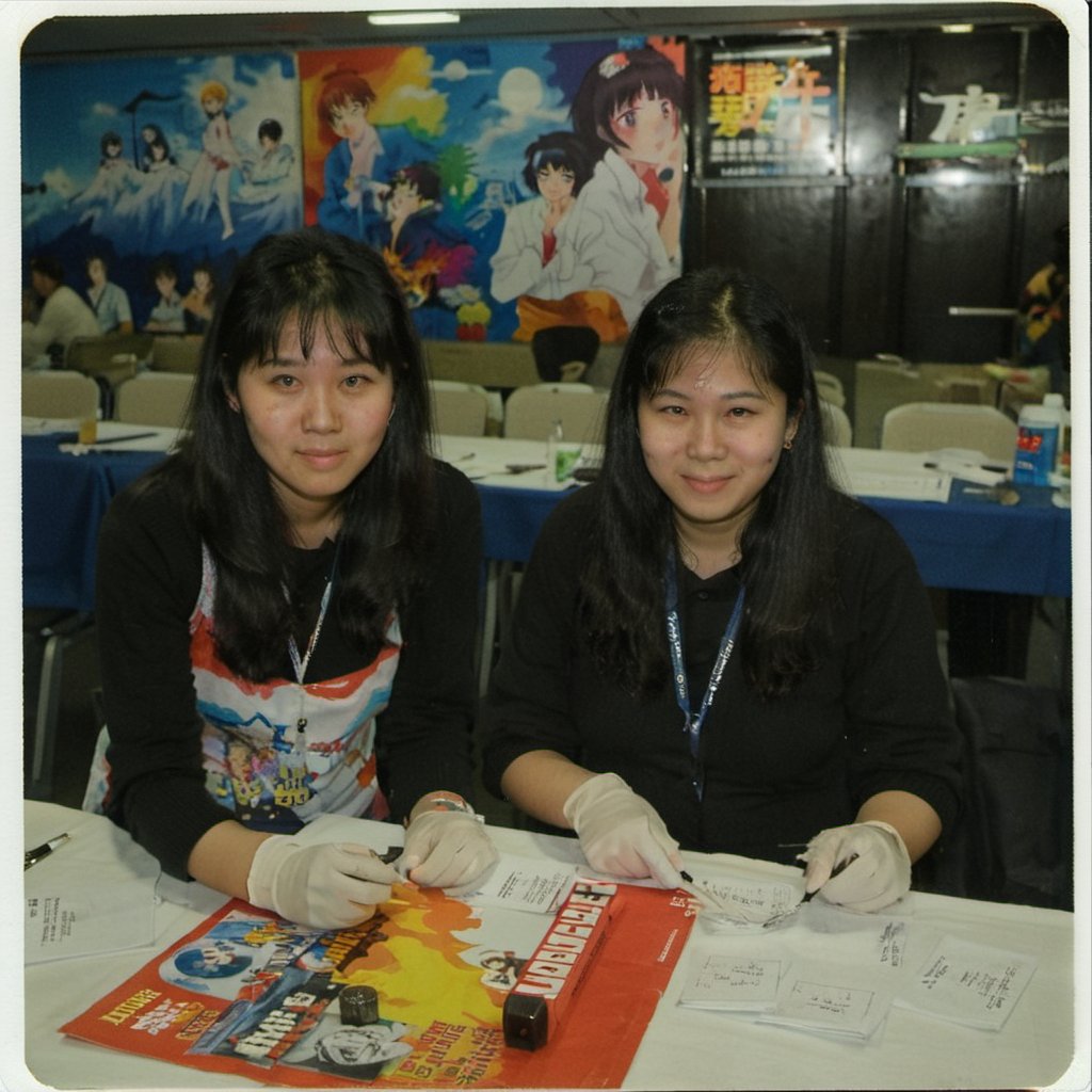 photo of two 25 year old korean women sitting at a anime conference in the afternoon in 1989. <lora:boring-v4-faces-version:0.39>  <lora:boring-alpha-v3:0.3>  <lora:mj-test-2:0.0>   <lora:boring-v4:0.8>