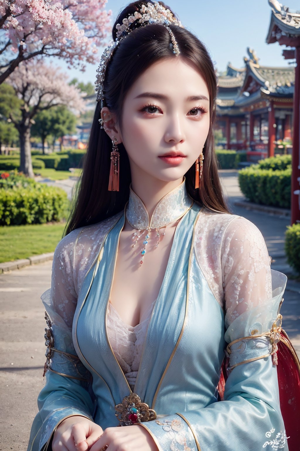 CAFC,1girl,solo,long hair,earrings,jewelry,hair accessories,upper body,suburban scenery,east asian,chinese style architecture,