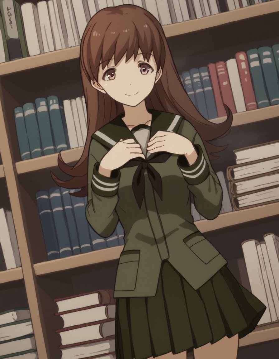 score_9, score_8_up, score_7_up, source_anime, <lora:kacolle-ooi-s1-ponyxl-lora-nochekaiser:1>, ooi, long hair, brown hair, brown eyes, ooi (kancolle), skirt, school uniform, pleated skirt, serafuku,, bookstore, browsing shelves, new book smell, finding a favorite, quiet atmosphere, smile, , hands on own chest, smile, solo,, cowboy shot, dutch angle