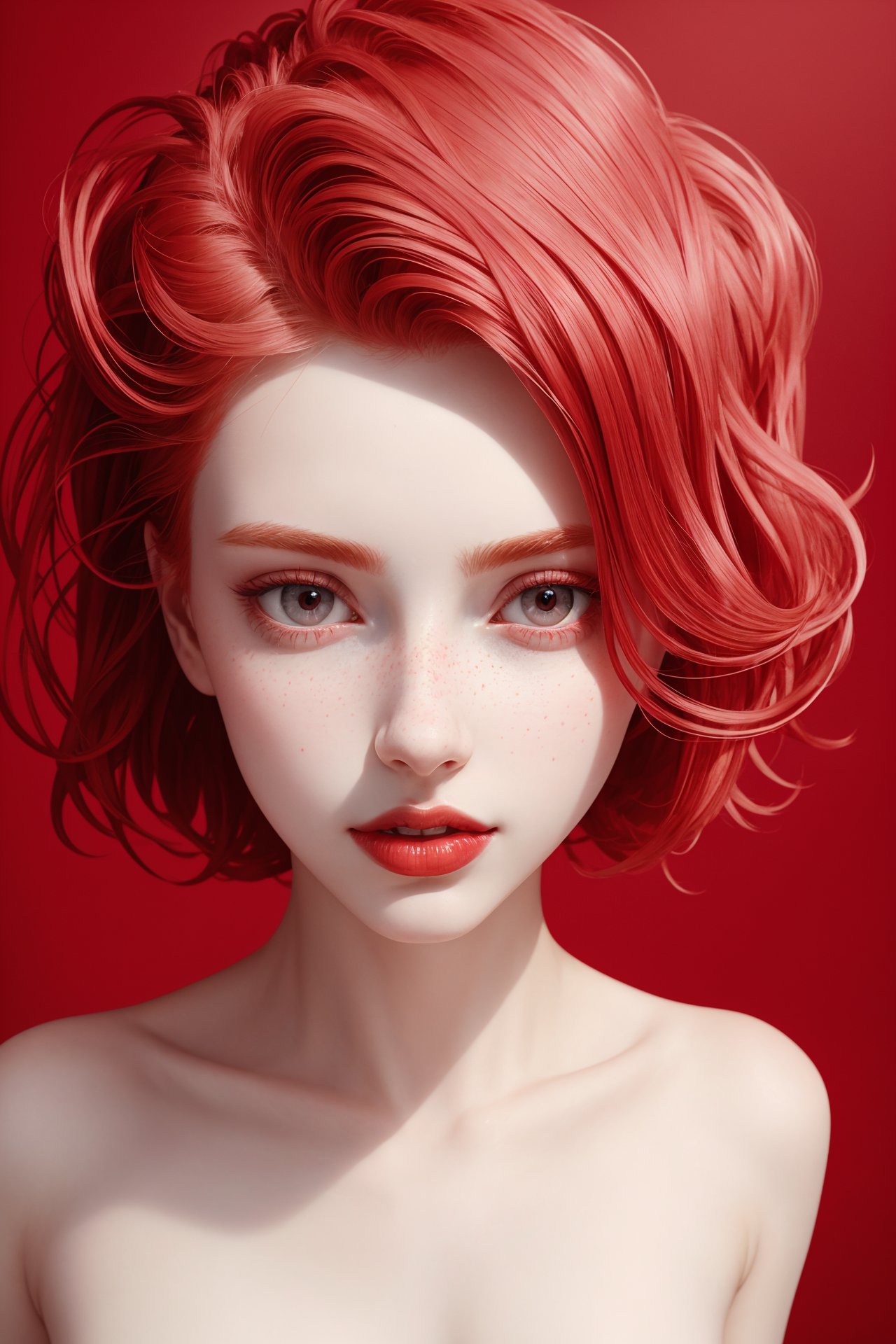 (masterpiece, high quality, fisheye:1.2), (close-up portrait:1.1), solo, model photoshoot, (red theme:1.1), a stylish girl, red hair, silver eyes, red lipstick, red eye shadow, blush, (freckles:0.7), (european, 22 years old:1.3), sexy, pure innocence, (light smile:0.8), whore vibe, in love, simple red dress, cleavage, detailed natural skin texture, seductive gaze, detailed lighting, (red:1.1) wall background, shallow depth of field, romantic setting, dreamy pastel palette, whimsical details, captured on film, nsfw, (intricate details:0.5), looking at viewer