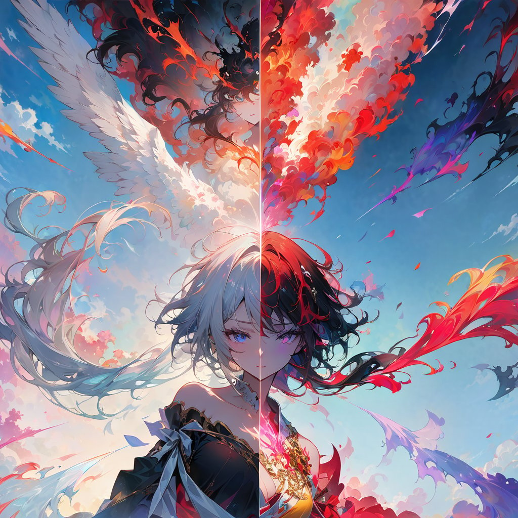 A split art style image featuring an angel on one half and a demon on the other,forming a stark contrast between purity and evil. The image is in high definition,with detailed features of both the angel and the demon,sharp focus,and vibrant colors, score_9,score_8_up,score_7_up,(masterpiece,best quality,ultra-detailed,very aesthetic, absurdres)