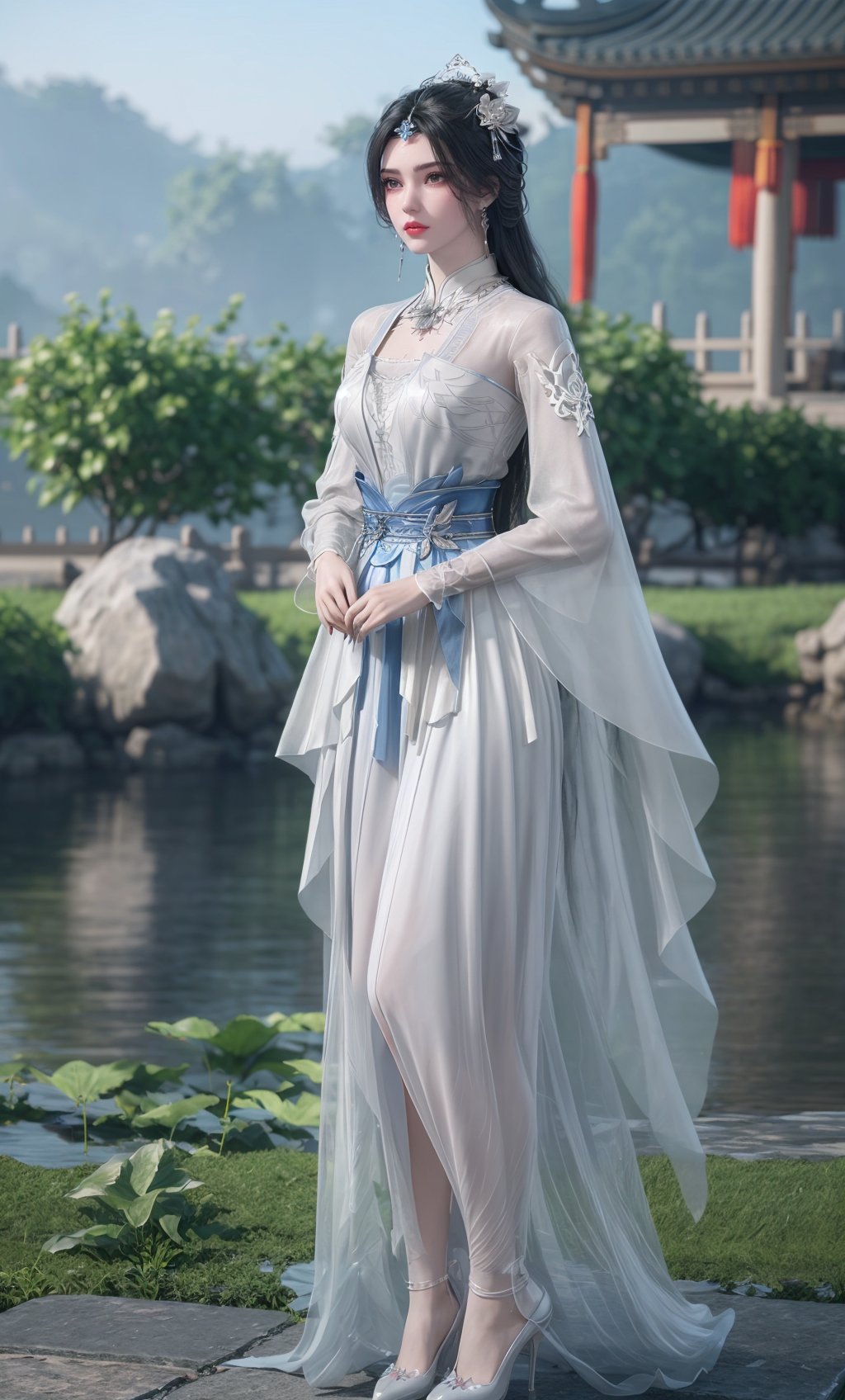 ,,masterpiece,(best quality),official art,extremely detailed cg 8k wallpaper,(extremely delicate and beautiful),solo,realistic,photo_\(medium\),full body,d'orsay heels,facial tattoo,(,chinese clothes,, gown, jewelry , long hair, white gown, sash, long sleeves),adfxx,1girl,solo,earrings,flower,facial mark,hair bun,hair flower,black hair,hair ornament,realistic,<lora:40muwan-10:0.6>,adfxx,