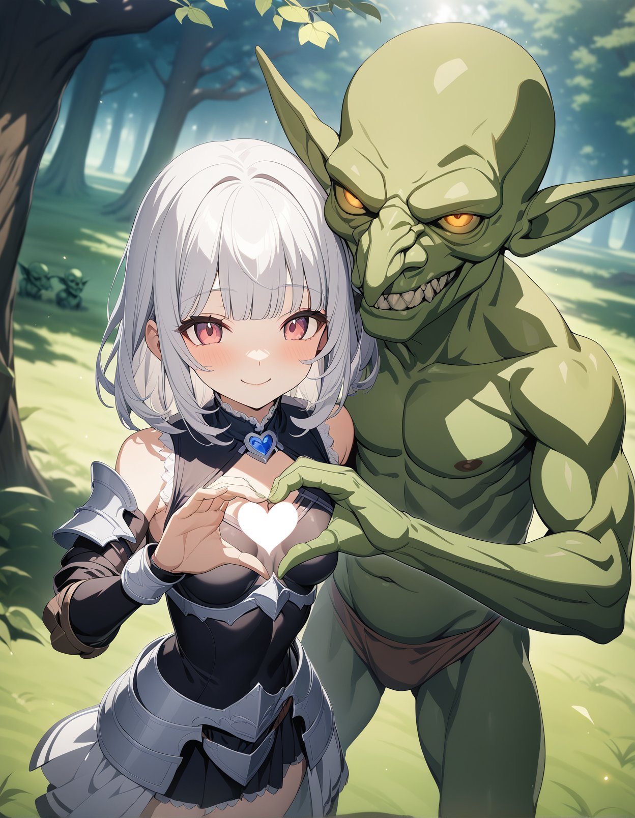 white hair, medium hair, blunt bangs, small breasts, 1girl, armored dress, shoulder armor, hetero, heart hands duo, smile, happy, cowboy shot, looking at viewer, standing, <lora:GoblinXL_LoRA-C3Lier_AdamW_Dim4_Alpha4_5e-5_4batch_CosineAnnealingLR_animagineXLV3_v30Base:1>, 1boy, goblin, waistcoat, grass, forest, tree shade, lens flare, game cg, masterpiece, best quality, highres, newest, late