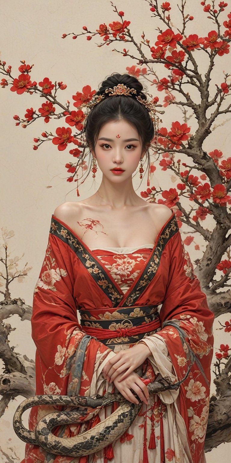 Line art, Chinese meticulous painting, dunhuang, 1girl, red flowers, red CLOTHES, tatoo, Expose thigh, ExposE navel, snake, ghost, Beautiful but horrible atmosphere, intricate background, extremely detail, masterpiece, best quality