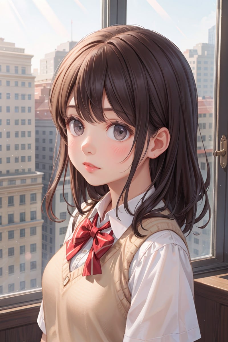 1girl, matured female, vest, bow, photo, realistic, best quality, hires, detailed face, office, buildings from window, detailed background, diffused sunlight, depth of field, bokeh,<lora:detail:0.4>