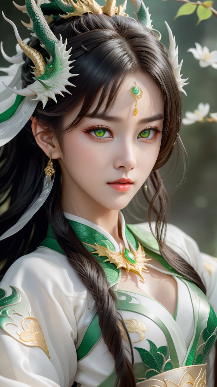 (masterpiece),(best quality),(super delicate),(illustration),(extremely delicate and beautiful),(dynamic angle),white and black highlights,(legendary Dragon Queen:1.3)（1 girl),Hanfu,(complex details) (beautiful and delicate eyes),golden eyes,green pupils,delicate face,upper body,messy floating hair,messy hair,focus,perfect hands,(fantasy wind),