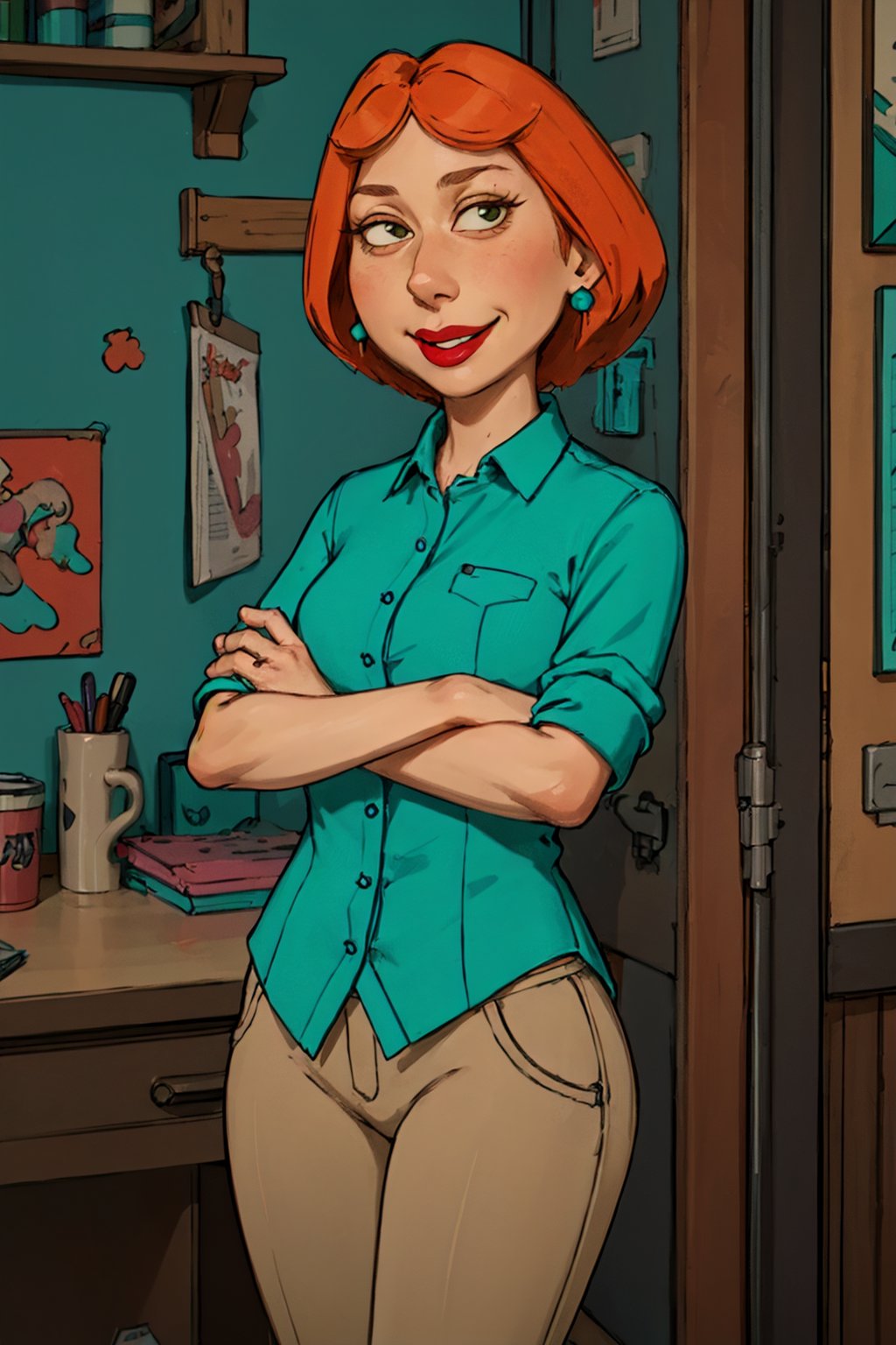 <lora:lois4-000007:0.55> lois, 1girl, blue earrings, short hair, solo, lipstick, orange hair, aqua shirt, beige pants,looking at viewer, smile, crossed arms, 