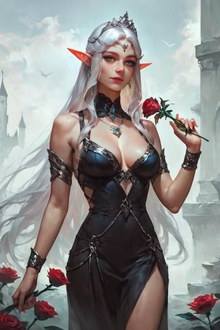 score_9, score_8_up, score_7_up, rating_safe, concept art, realistic, 1girl, solo, elf, pointy ears, breasts, long hair, very long hair, white hair, green eyes, portrait, looking at viewer, black dress, tiara, silver tiara, holding, holding flower, rose, red rose, necklace, jewelry, cowboy shot, standing, outdoors, castle <lora:Concept Art Style SDXL_LoRA_Pony Diffusion V6 XL:0.8>