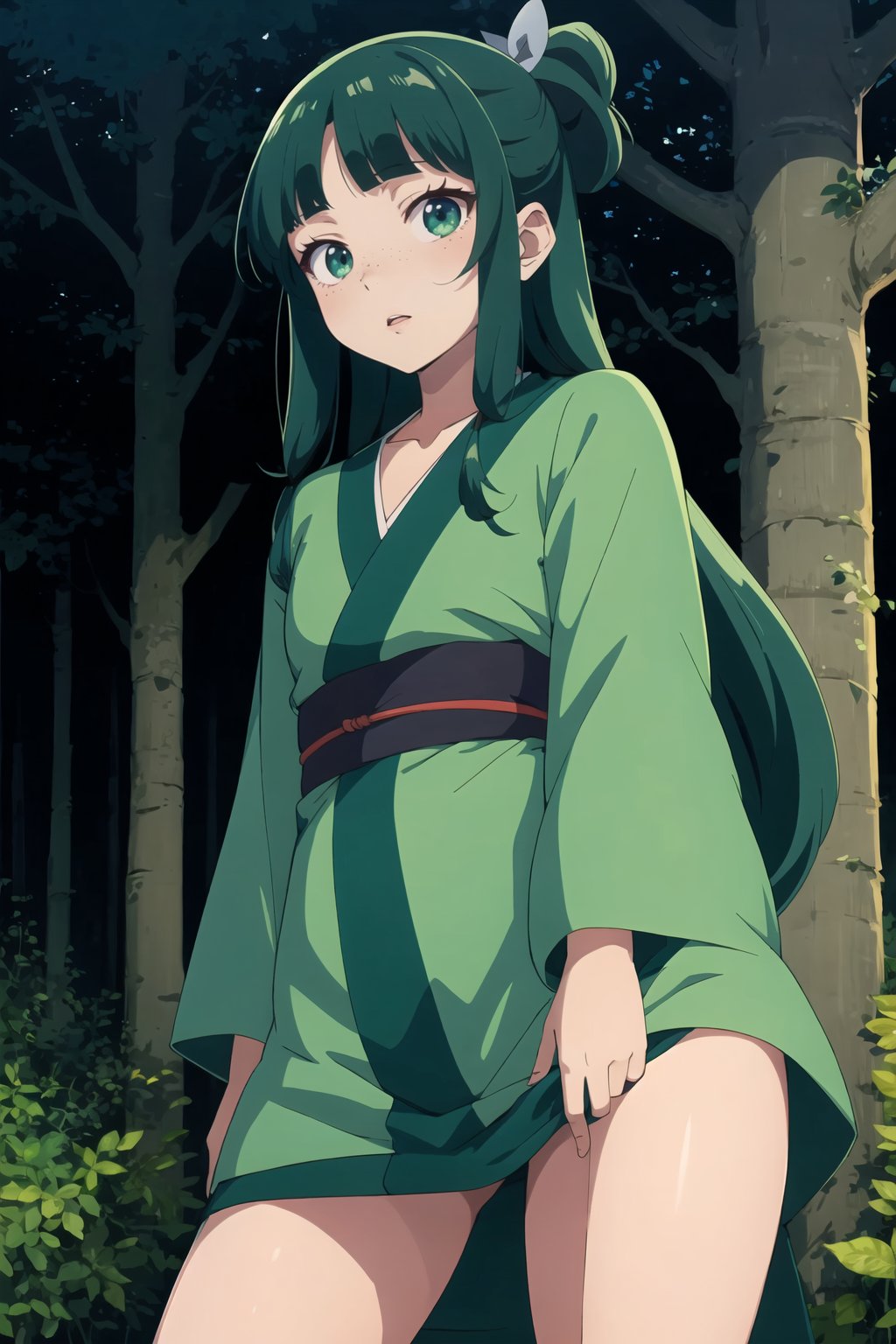 Maomao, 17yo, anime girl with green hair and green eyes looking at camera, 1girl, solo, long hair, green hair, collarbone, lips, freckles, forest, night, darkness, dark atmosphere, japanese clothes, kimono,  <lora:The_Apothecary_Diaries_-_Maomao_Xiao_Mao R2:0.8>