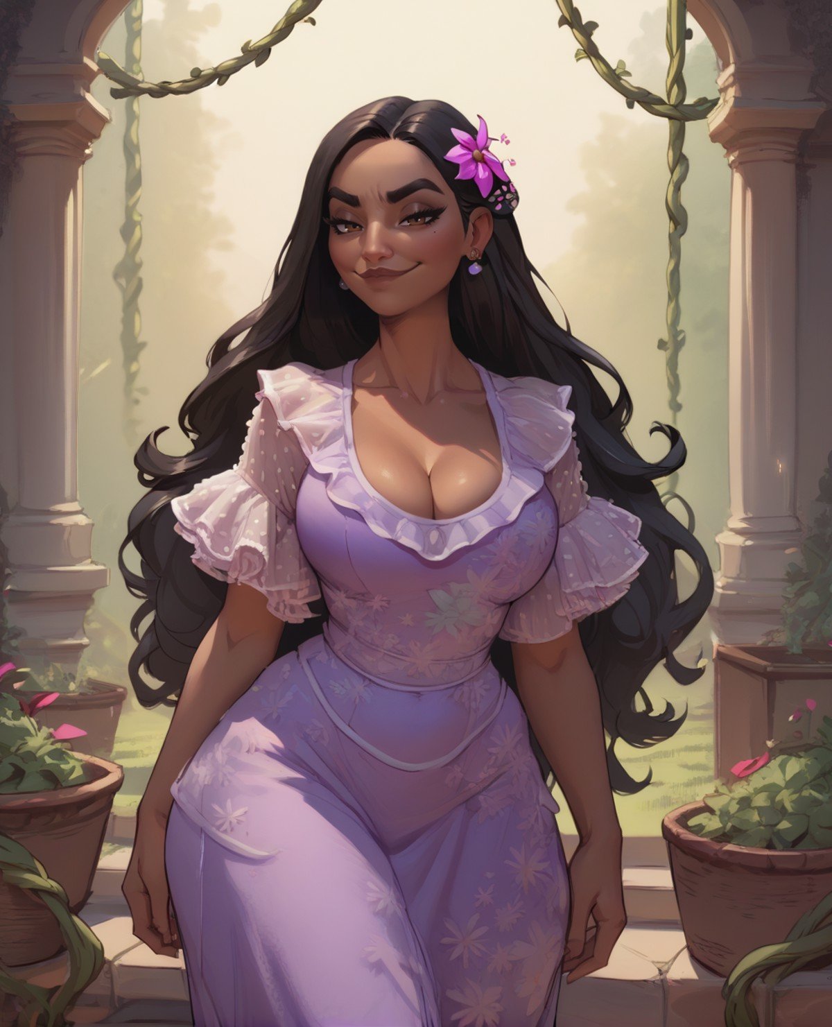 score_9,score_8_up,score_7_up,score_6_up,isabelaxl,long hair,black hair,brown eyes,hair flower,purple dress,garden,vines,earring,curvy,smug,cleavage,<lora:isabellaxl:0.9>,