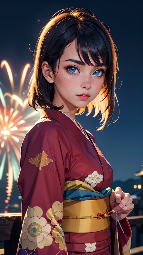 (best quality, masterpiece, colorful, highest detailed) upper body photo, fashion photography of cute (Beautiful italian girl), iridiscent bobbed hair, flirting with POV, in traditional japanese kimono, high detailed kimono textures, Kyoto, fireworks, (ultra-detailed body), (light smile:0.3), moonlight passing through hair, (night beautiful background:1.3), (dynamic angle), (intricate details), (dynamic angle)