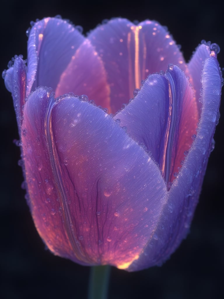 oblizi,Purple tulip, delicate petals, raindrops, close-up, soft light,