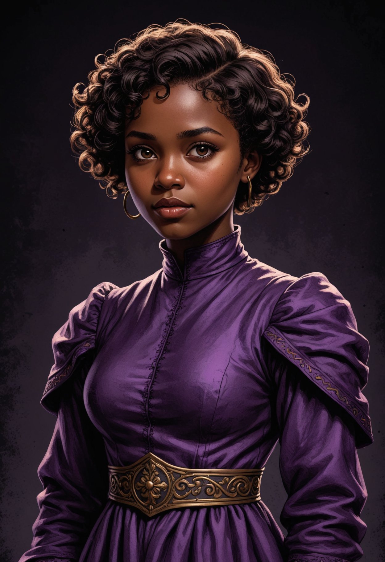 comic drawing, single panel comic of a fierce cute dark skinned girl with short curly hair, confident, wearing high neck gown. dark colorscheme, violet and black, medieval, poor, peasant, black background