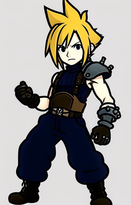 masterpiece, best quality, cloud strife, shoulder armor, sleeveless turtleneck, suspenders, belt, baggy pants, gloves, bracer, boots, standing, <lora:RhythmHeavenV1.1:0.7>, <lora:cloudstrife-nvwls-v1:0.8>