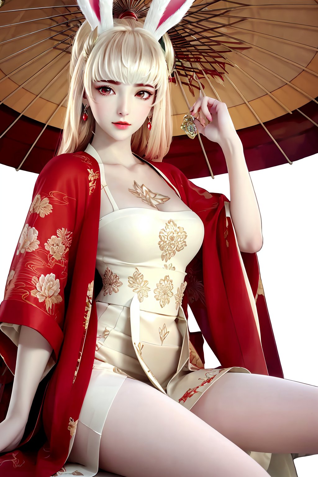 sitting, (hand_between_legs), dress, chinese_clothes, long_sleeves, looking_at_viewer, (scenery,  east_asian_architecture, potted_plant,  plant),1girl, solo, animal_ears, rabbit_ears, umbrella, oil-paper_umbrella, long_hair, bangs, white_hair, earrings, jewelry, hanfu,white_legwear,fingernails, nail_polish, makeup,photo_\(medium\),(8k, RAW photo, best_quality), (masterpiece:1.2),(realistic), (photorealistic:1.3),(ultra-detailed),(extremely_detailed_cg_8k_wallpaper),(crystal_texture_skin:1.3), (shiny:1.2),(shiny_skin:1.4),(extremely_delicate_and_beautiful),<lora:syqiangk_加强_重置_公S离_舞蹈汉服_王者荣耀_C9_5.2:0.8>,