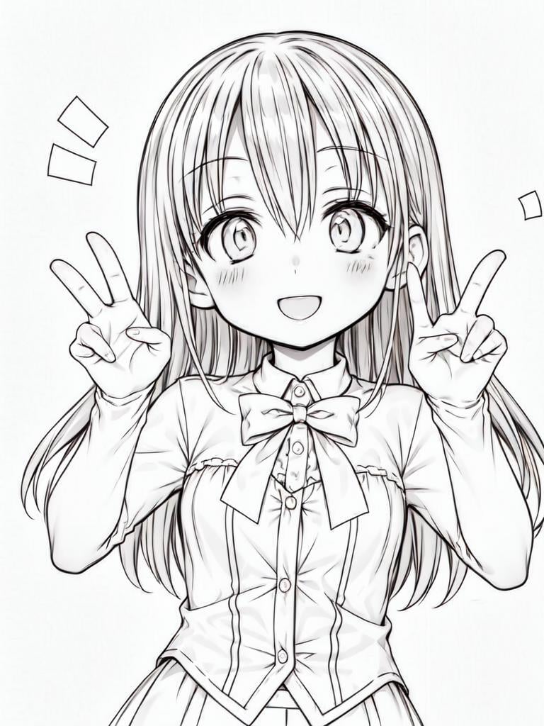 monochrome, 1girl, cheerful,victory pose,   <lora:Lineart_style_v1.0:-0.5>