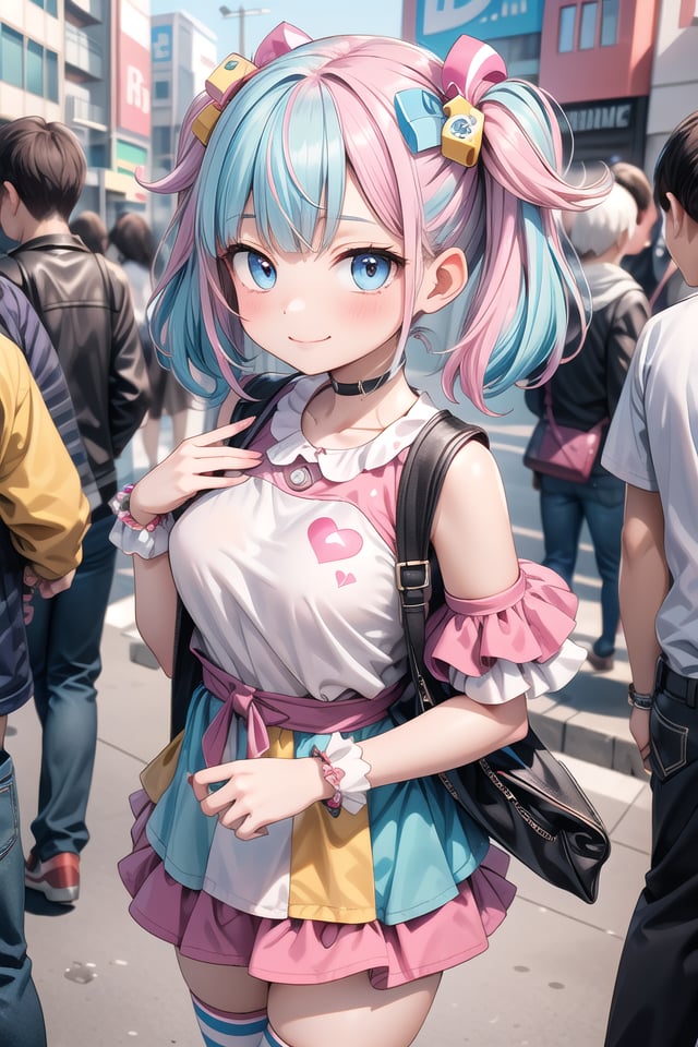 insanely detailed, absurdres, ultra-highres, ultra-detailed, best quality,1girl, solo, nice hands, perfect handsBREAK(Harajuku-style Decora pank fashion:1.5),(girl with layered colorful clothing:1.3),(multiple hair clips),knee-high socks with different patterns,carrying a plushie, standing in front of a graffiti wall,BREAKhappy smile, laugh, closed mouthBREAKstanding, cowboy shot, looking at viewerBREAKslender, kawaii, perfect symmetrical face, ultra cute girl, ultra cute face, ultra detailed eyes, ultra detailed hair, ultra cute, ultra beautifulBREAKshibuya, akihabara, tokyo, street, crowd, cityscape, depth of field, ultra detailed backgroundBREAKmedium large breastsBREAK(random color hair, multicolored hair:1.2)