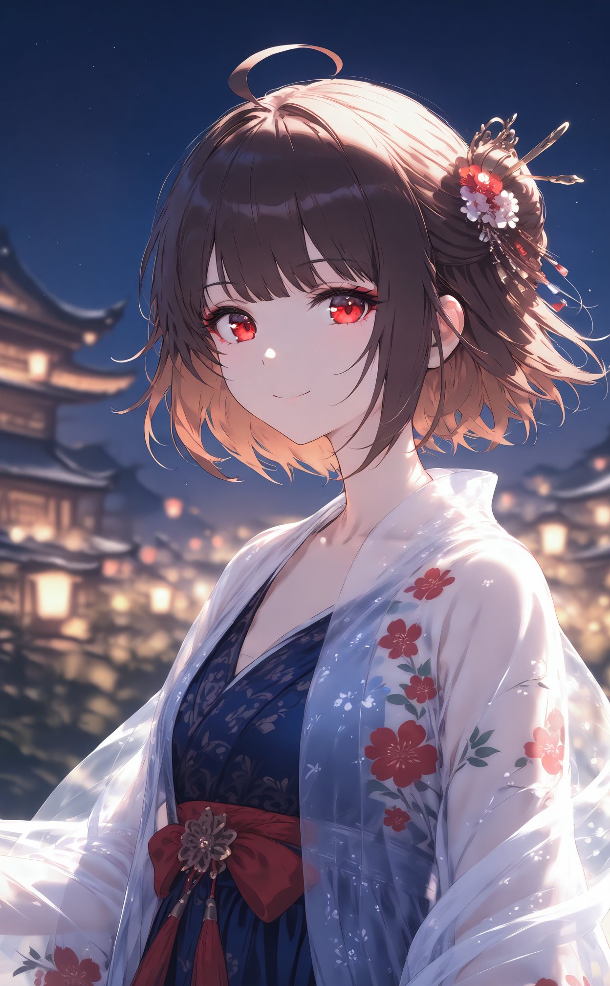 masterpiece,best quality,high quality,(colorful),night,1girl,solo,red eyes,looking at viewer,hair ornament,short hair,upper body,brown hair,blurry,ahoge,bangs,see-through,depth of field,hanfu,smile,floral print,closed mouth,