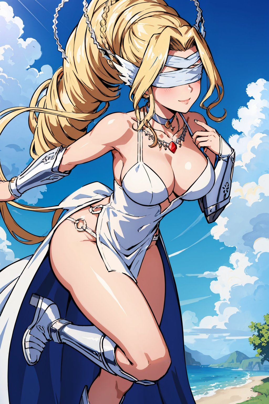 masterpiece, best quality, <lora:venusmon-nvwls-v1-000009:0.9> venusmon, very long hair, ponytail, blindfold, white ribbon, choker, necklace, white dress, cleavage, vambraces, armored boots, large breasts, midair, blue sky, smile, hand to own chest