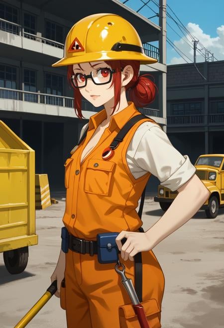 score_9,score_8_up,score_7_up,score_6_up,score_5_up,score_4_up, BREAK, 1girl, solo, (looking at viewer), scenery, outdoors, cleavage, construction worker, Hard hat, reflective vest, safety glasses, tool belt, durable work attire, from side