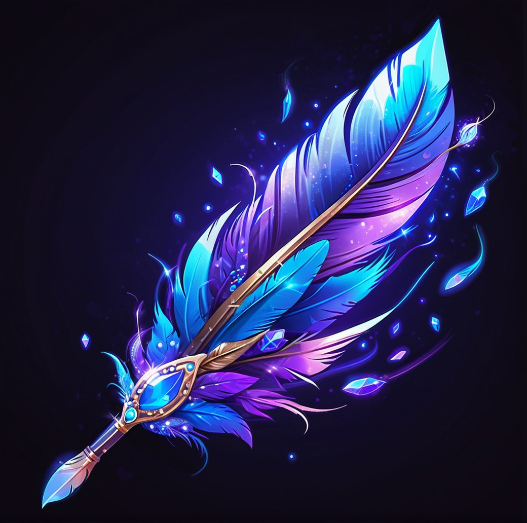 digital game illustration, quill, feather pen, blue, purple, magical, glowing, sparkles, floating, mystical, vibrant, digital art, high-resolution, detailed illustration, fantasy, writing instrument, embellished, gemstones, illuminated, dark background, game asset ,<lora:游戏-000002:0.6>