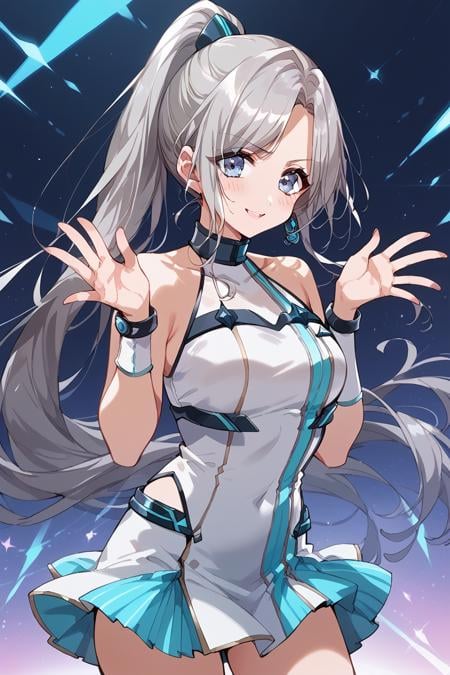 score_9, score_8_up, score_7_up, score_6_up, 1girl, <lora:Niijima_Ibuki:0.9> ibuki, long hair, ponytail, stage outfit, color lights, hands up,