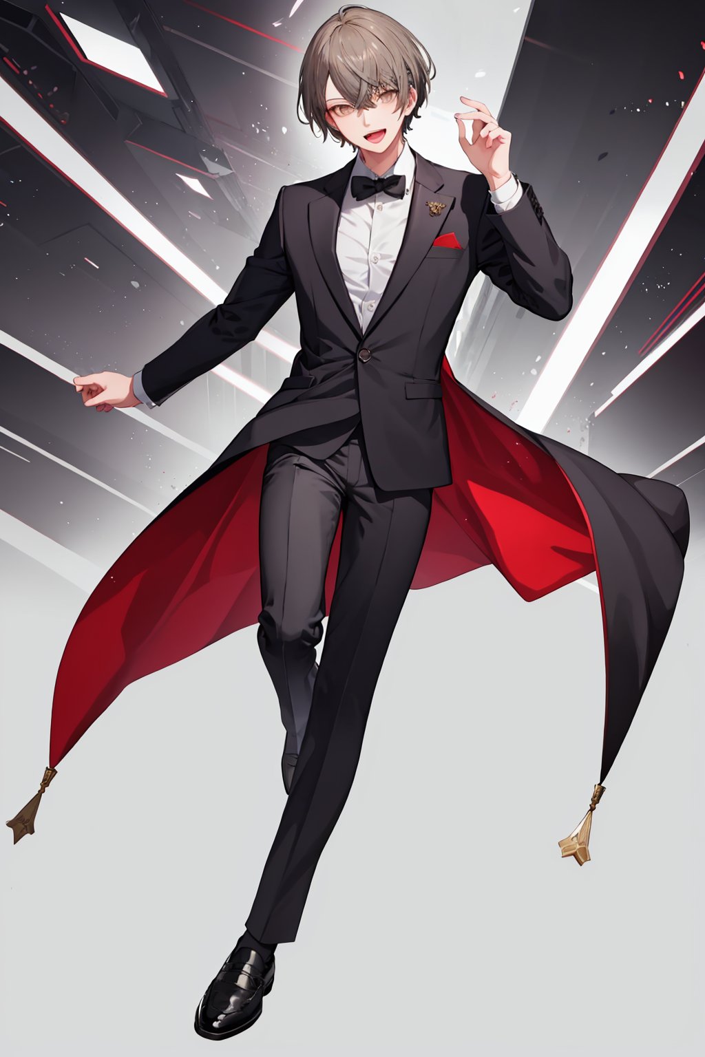 masterpiece,best quality, highly detailed, 1boy,collared shirt,kagami hayato,long sleeves,male focus,solo,virtual youtuber,white shirt,black jacket,formal,looking at viewer,dress shirt,:d,open mouth,suit,black footwear,full body,upper body,white background,closed mouth,grey pants,hand up,shoes,<lora:kagami_hayato:1>