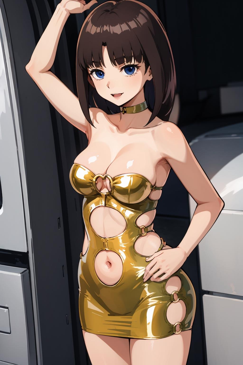 masterpiece,high quality,highres,1girl,solo,<lora:tifa-gundamx-v2-wasabiya:1>,tifax,brown hair,blue eyes,long hair,smile,<lora:bodycon-cutout-v1-wasabiya:1>,bodyconc,cleavage,strapless,yellow  dress,o-ring,bare shoulders,white background,navel cutout,