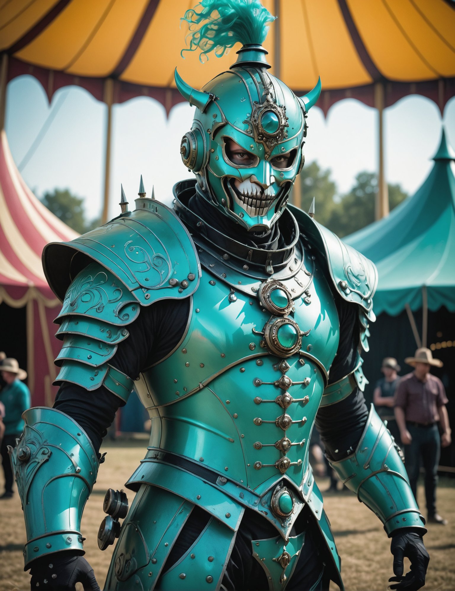 Full-body realistic 8K raw photography, (Man in Aqua Green hdsrmr:1.3), mecha helmet, mask, Direct eye contact, Intricate details, (Reflective surfaces:1.2), Steel embellishments, Fierce expression, Regal stance, Haunted Circus Big Top Tent, Dramatic shadows, (Light cascading:1.2), Captured with a Sony Alpha a7R IV, 50mm f/1.8 lens, High definition clarity, Raw intensity, Detailed textures <lora:Armor from HaDeS XL v3.4 Lite:1>