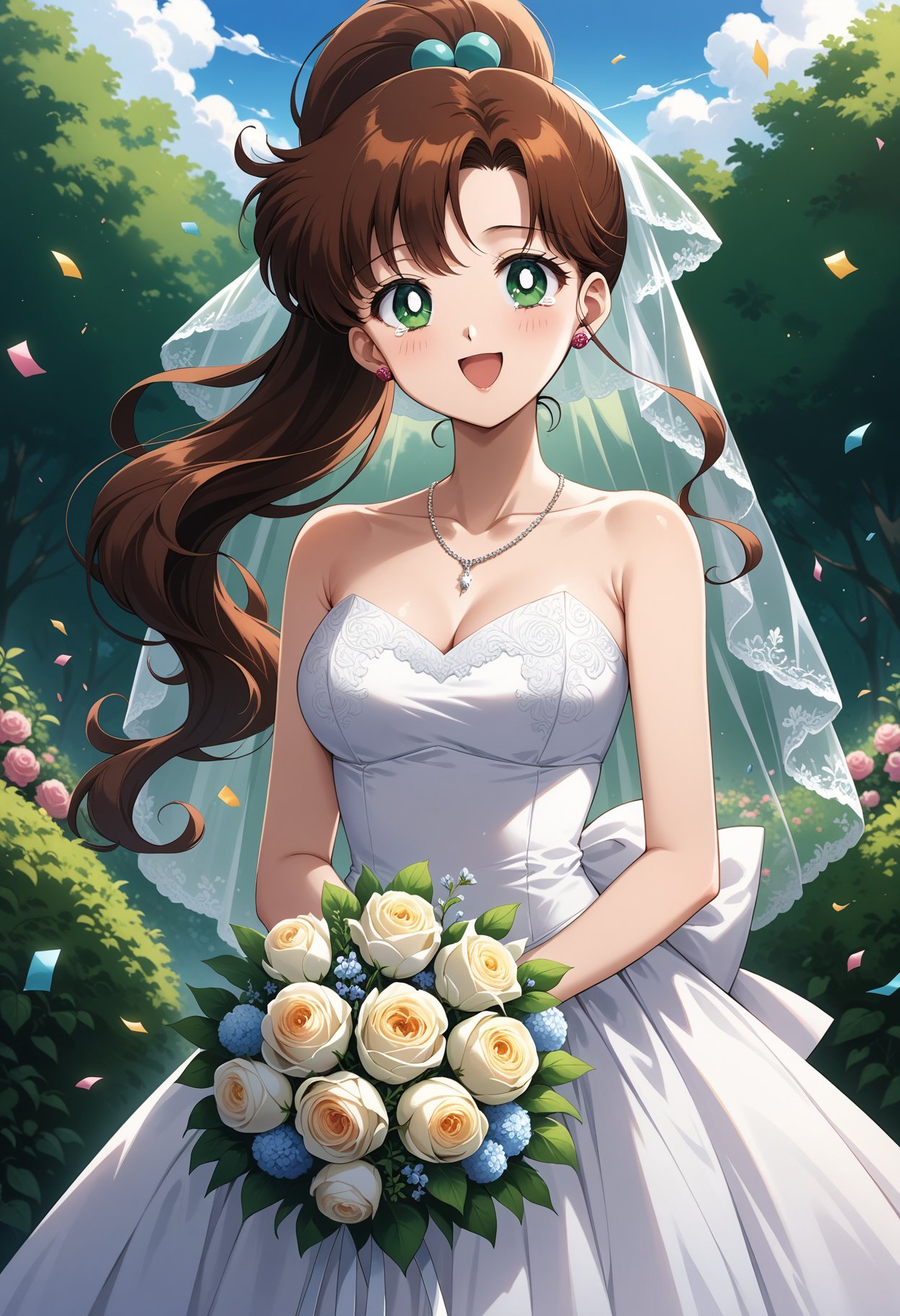 (masterpiece, best quality, very aesthetic, ultra detailed), intricate details, 4k, aajupiter, long hair, brown hair, ponytail, hair bobbles, earrings, green eyes, <lora:sailor_jupiter_animaginexl_v2:0.9>, wedding dress, white dress, strapless, necklace, garden, confetti, smile, open mouth, tearing up, cowboy shot, standing, holding bouquet, bridal veil