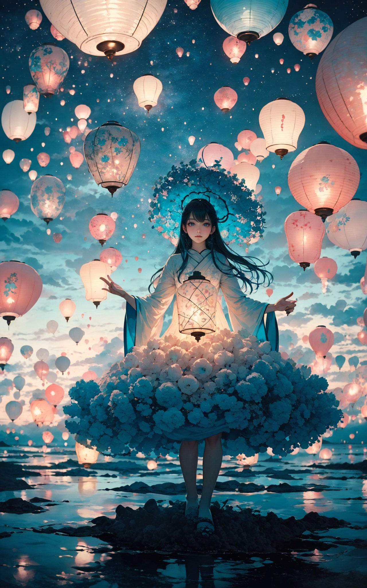 sky lantern，masterpiece, best quality, 32k uhd, insane details, intricate details, hyperdetailed, hyper quality, high detail, ultra detailed, Masterpiece, (Real water，Realistic water，flowing water:1.1)，ripples，(cyan sky:1.4),A whimsical sight of paper lanterns floating against the twilight sky, captured in a wide view by Tim Walker.    The lanterns cast a warm glow, creating a dreamlike tableau that melds tradition with beauty, i can't believe how beautiful this is, dream-like atmosphere，<lora:绪儿-孔明灯 sky lantern:0.8>