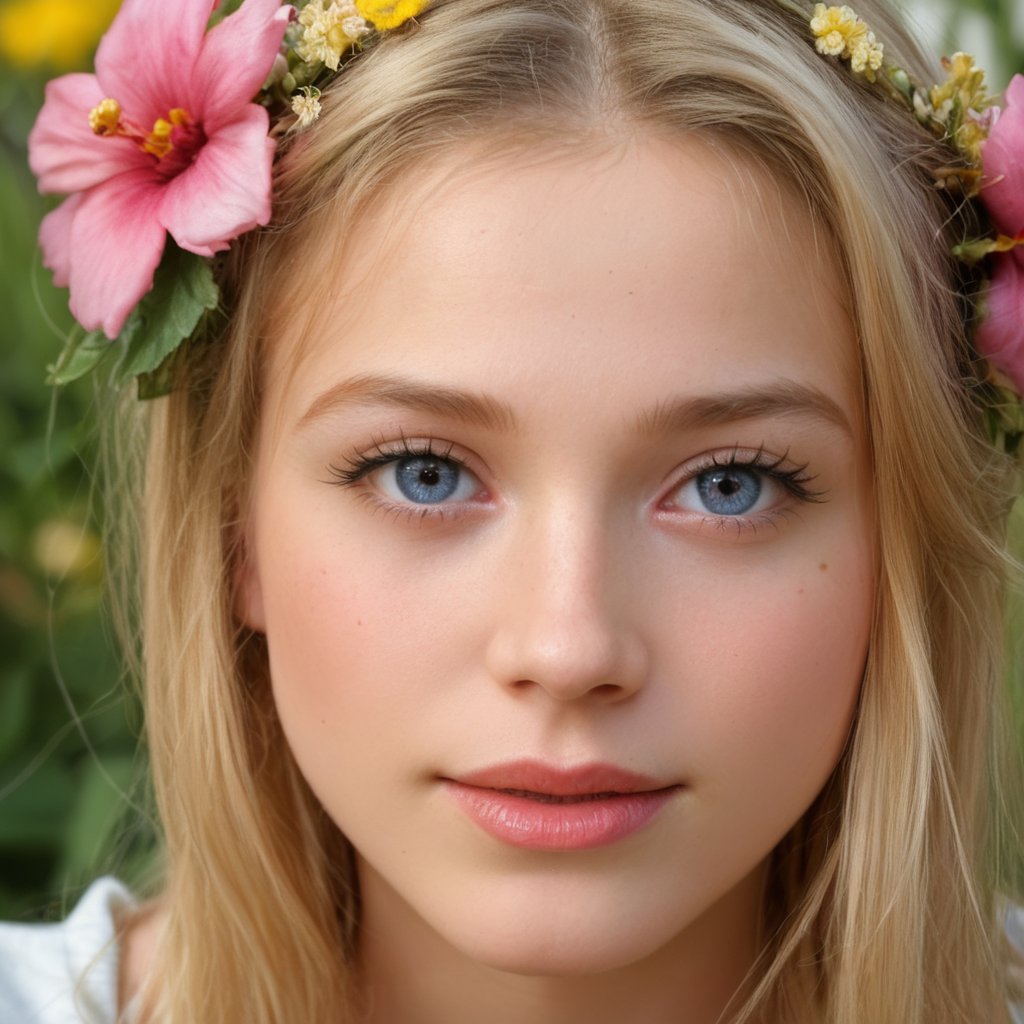 realistic, teen, girl,close up, flowers in hair1girl,blonde hair,, cute,beautiful face<lora:EMS-427860-EMS:0.800000>